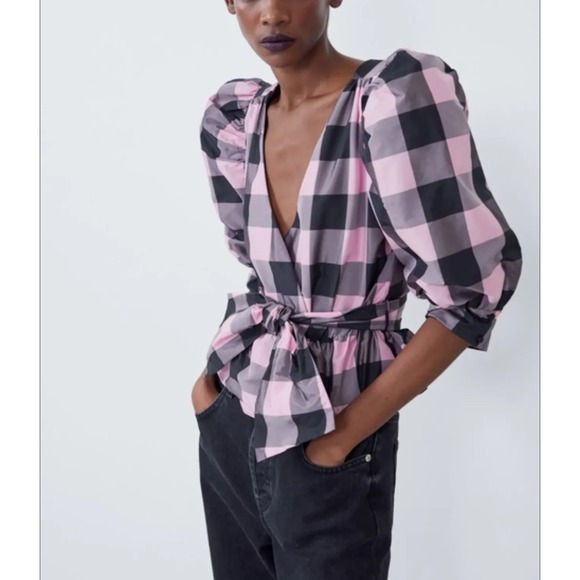 Zara Pink Black Plaid Wrap Top Puff Sleeve Tie Waist Blouse Size Small - Picture 1 of 10
